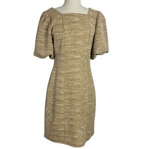 Emelia Tweed Mustard Cream w/Gold Accent Dress retro-inspired puffy sleeves Med